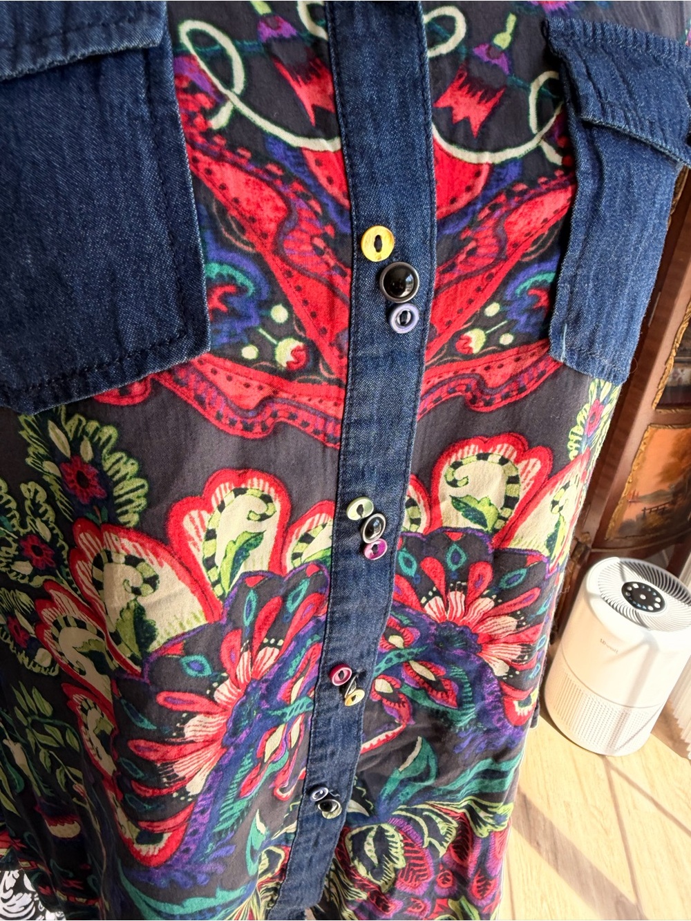 Desigual Floral Paisley Sheer Denim Lace Sleeve Button Shirt - Picture 6 of 8